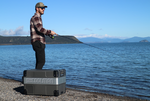 Ma fishing on Lake Taupō with myCOOLMAN in the foreground